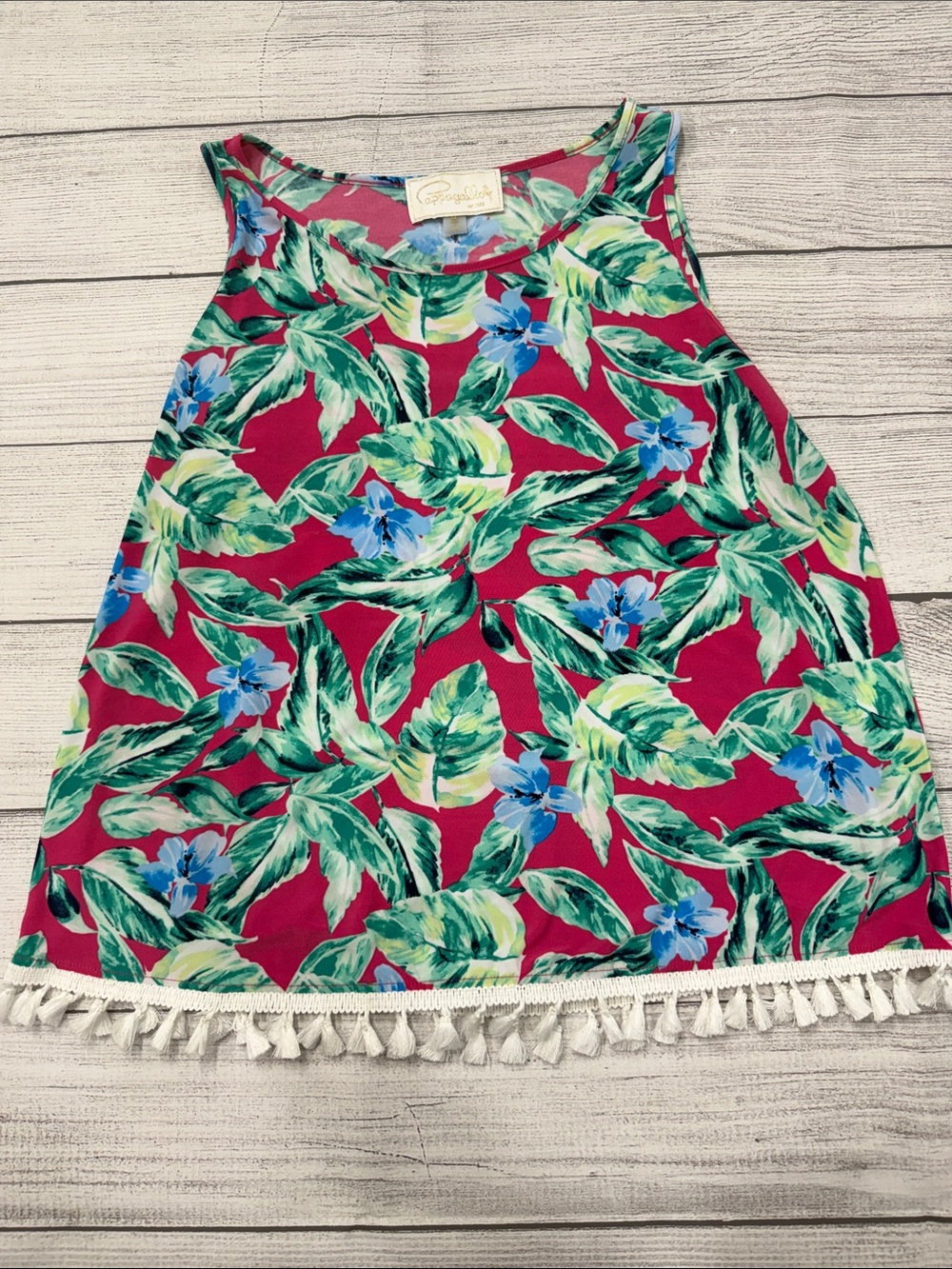 Cappagallo Pink Tropical Print Tassel Hem Sleeveless Tank Top Size Medium
